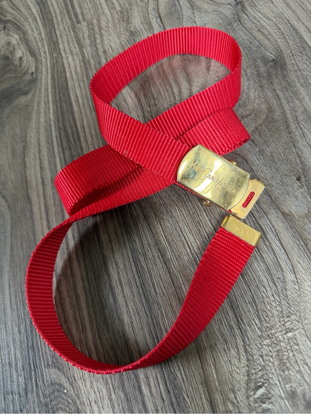 Vintage YSL Yves Saint Laurent Red Fabric Belt Gold Tone hardware